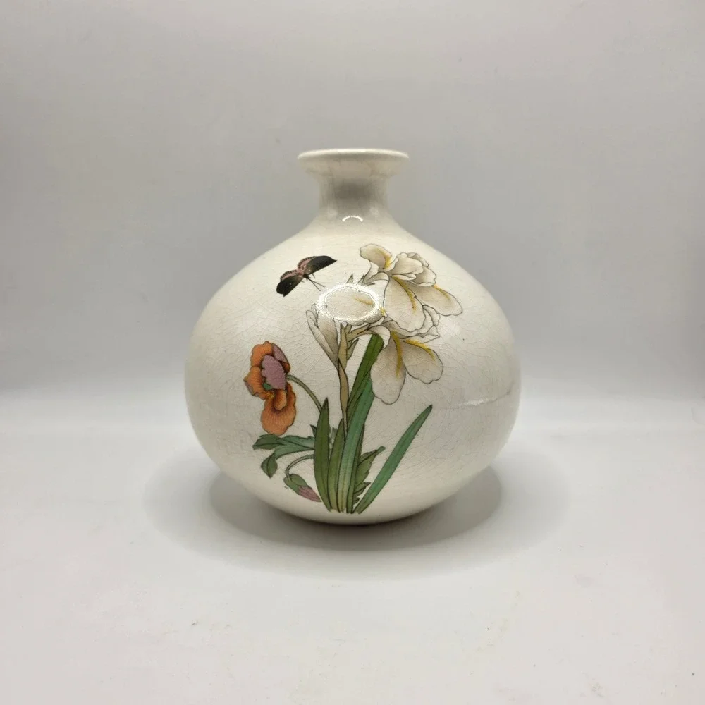 Vintage Satsuma Style Crackle Glaze Bud Vase Iris Butterfly Floral Ceramic Japan
